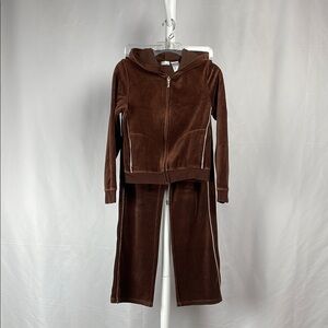 Chocolate Brown Velour Tracksuit Two Piece Zip Up Hoodie Wide Leg Pant Juniors S